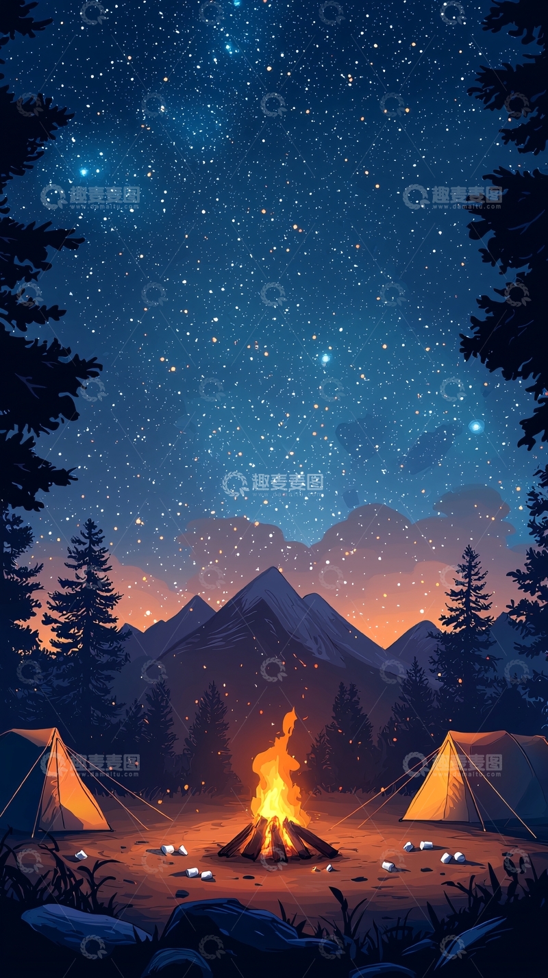 高清大图下载【趣麦麦图】星空营火篝火晚会