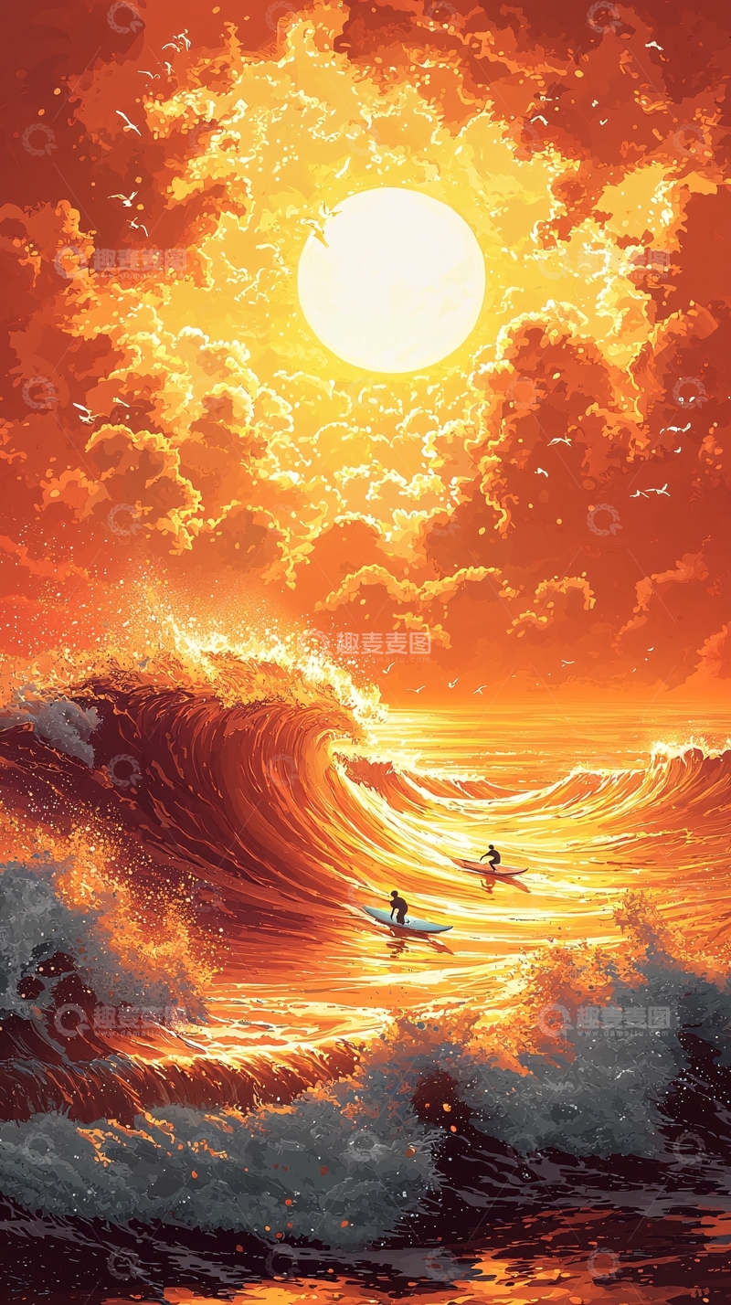 高清大图下载【趣麦麦图】火红的夕阳下冲浪