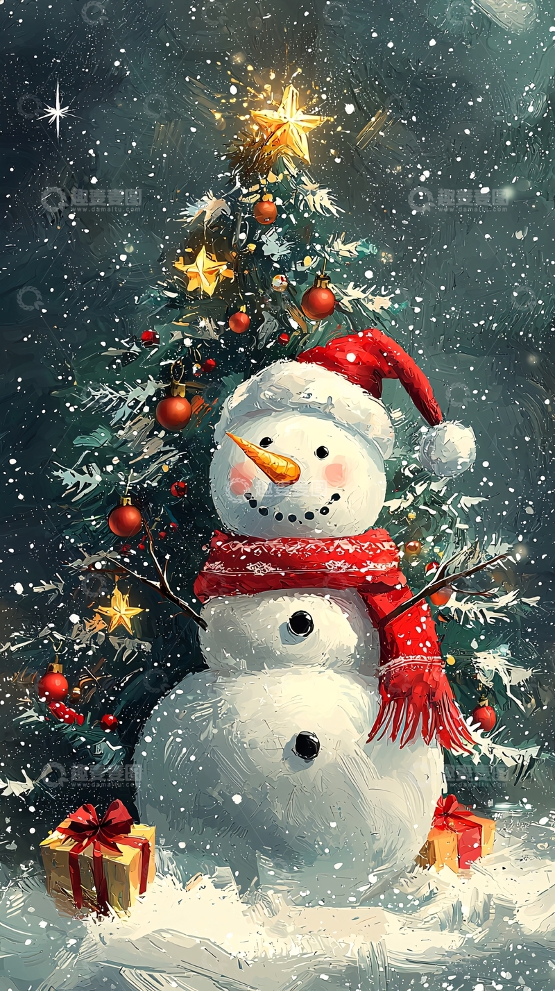 高清大图下载【趣麦麦图】圣诞雪人树下礼物