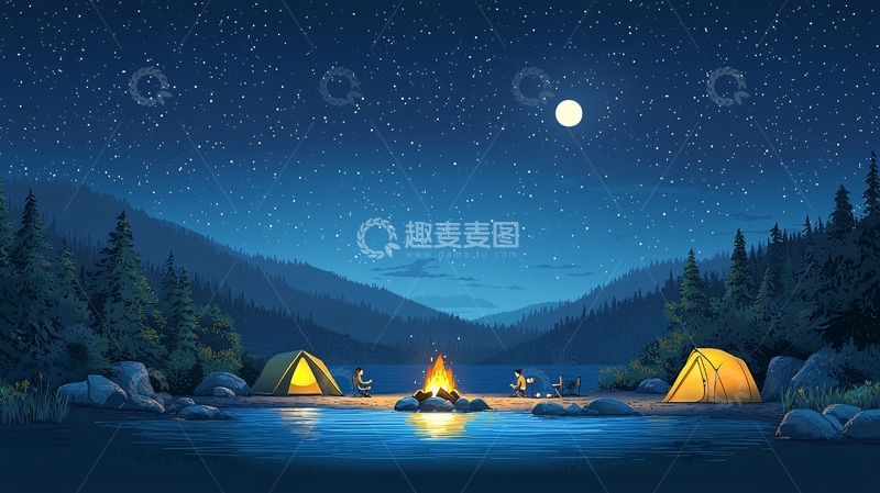 高清大图下载【趣麦麦图】星空下湖边露营