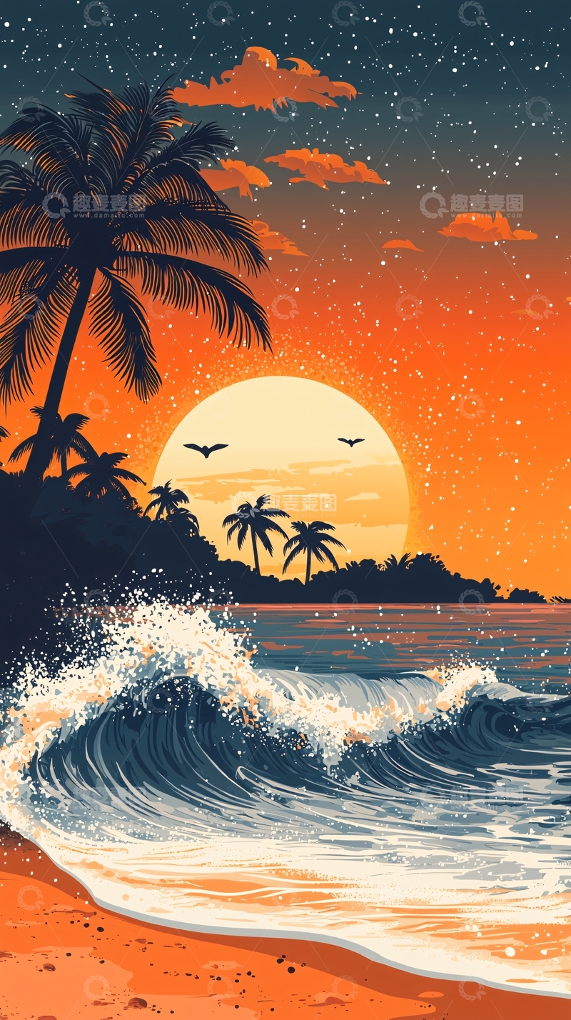 高清大图下载【趣麦麦图】海滩日落椰树剪影