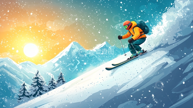 高清大图下载【趣麦麦图】雪山日出滑雪者