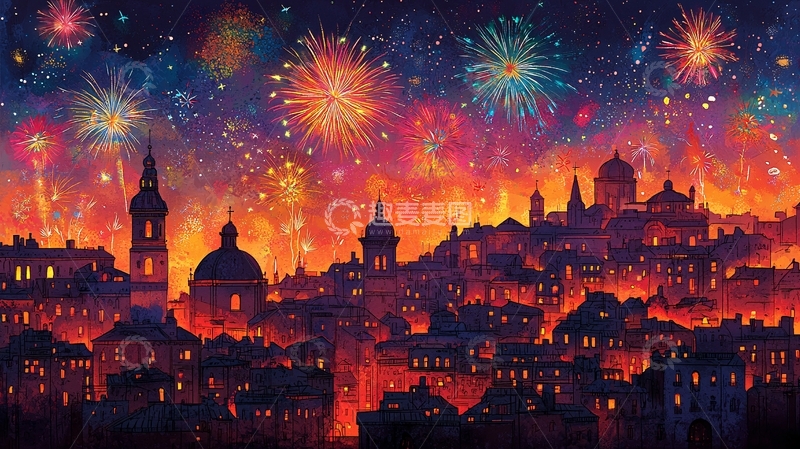 高清大图下载【趣麦麦图】绚丽烟火下的城市夜景