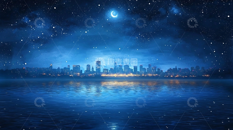 高清大图下载【趣麦麦图】蓝夜星空下的城市夜景