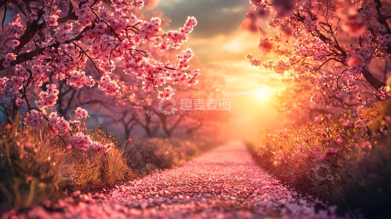 高清大图下载【趣麦麦图】落日余晖下的粉色花路