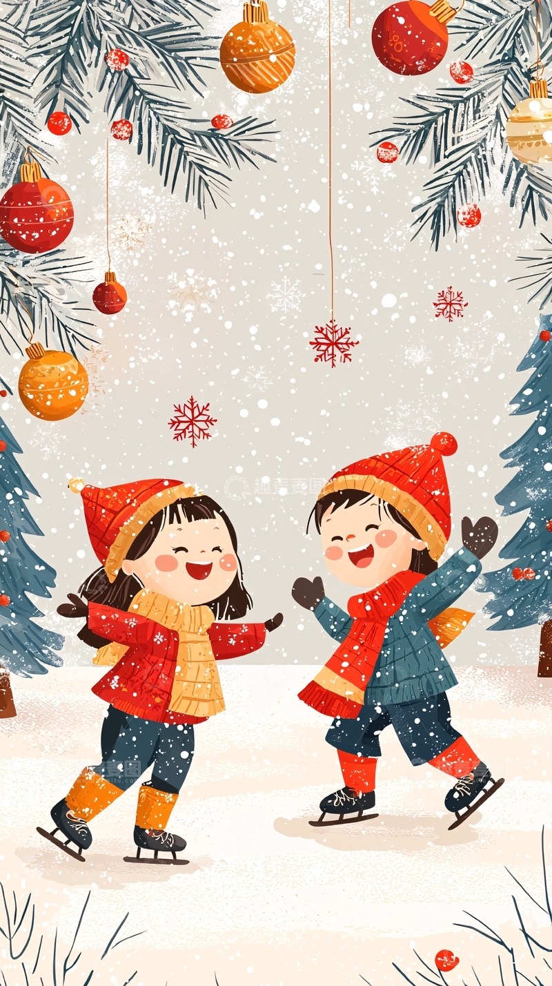 高清大图下载【趣麦麦图】圣诞节冰上跳舞的孩子