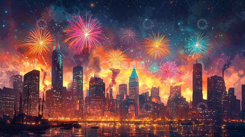 高清大图下载【趣麦麦图】绚丽烟火下的城市夜景