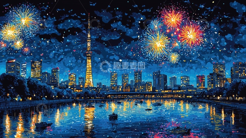 高清大图下载【趣麦麦图】东京夜景烟花