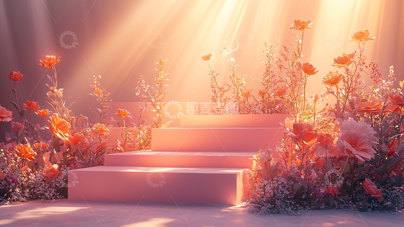 高清大图下载【趣麦麦图】光线穿过花田的粉色阶梯