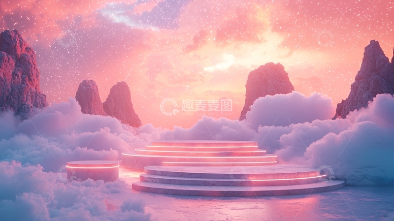 高清大图下载【趣麦麦图】粉色天空云朵阶梯