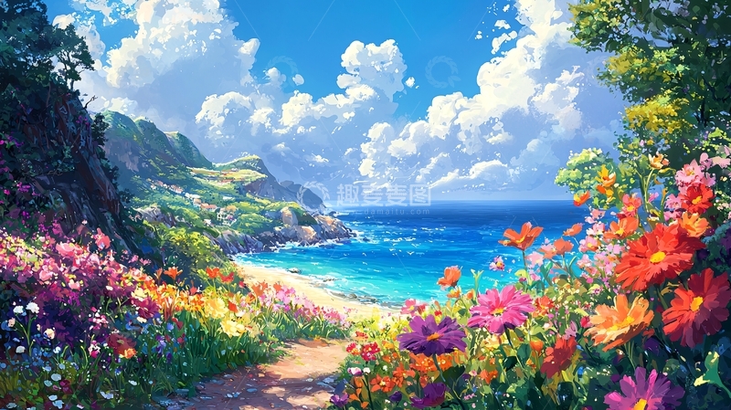 高清大图下载【趣麦麦图】阳光沙滩鲜花海景