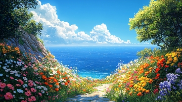 阳光明媚海边鲜花小路