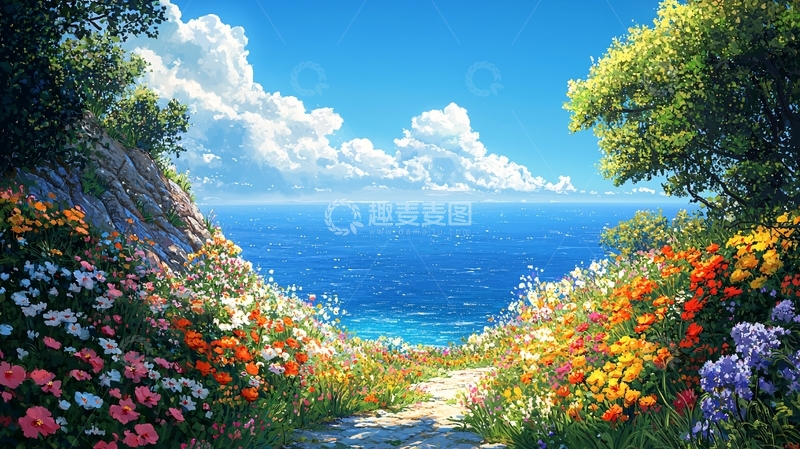 高清大图下载【趣麦麦图】阳光明媚海边鲜花小路