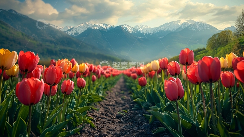 高清大图下载【趣麦麦图】郁金香花田雪山背景