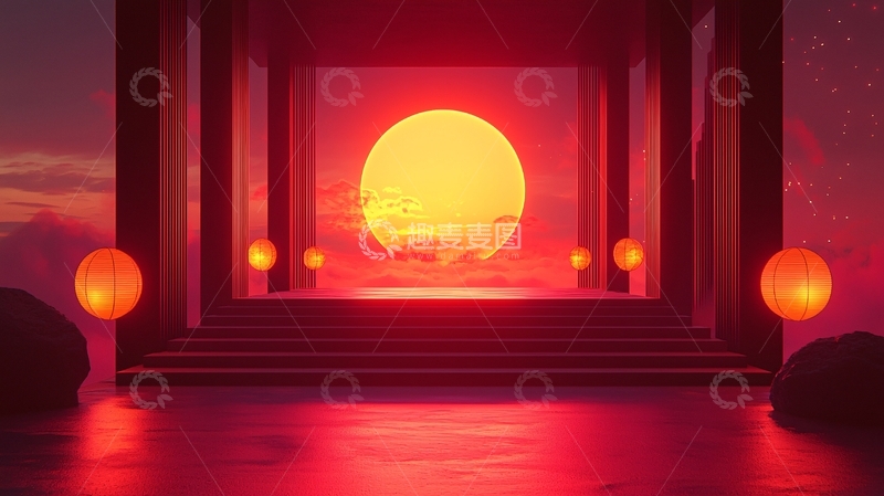 高清大图下载【趣麦麦图】日落红日长廊
