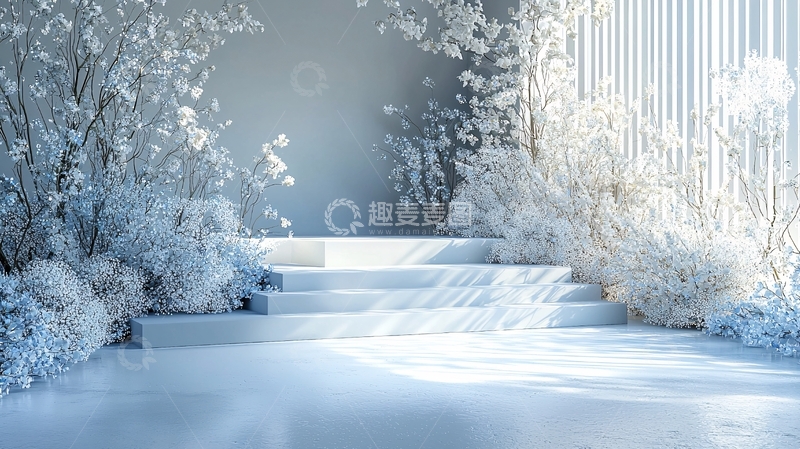高清大图下载【趣麦麦图】极简风白色花卉阶梯背景