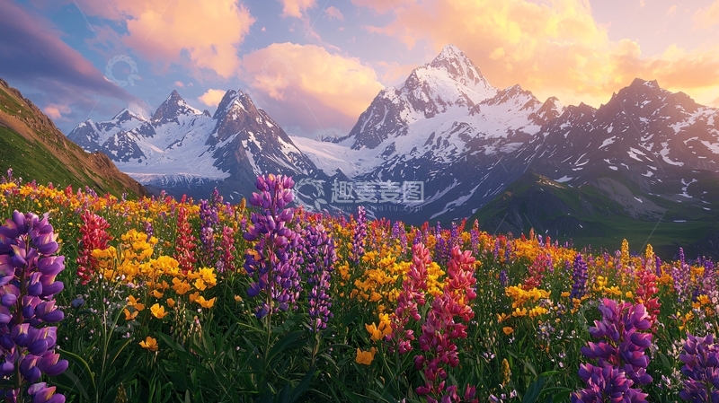 高清大图下载【趣麦麦图】雪山花海日出