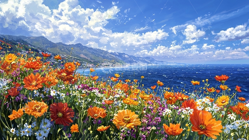 高清大图下载【趣麦麦图】海边鲜花盛开的山坡