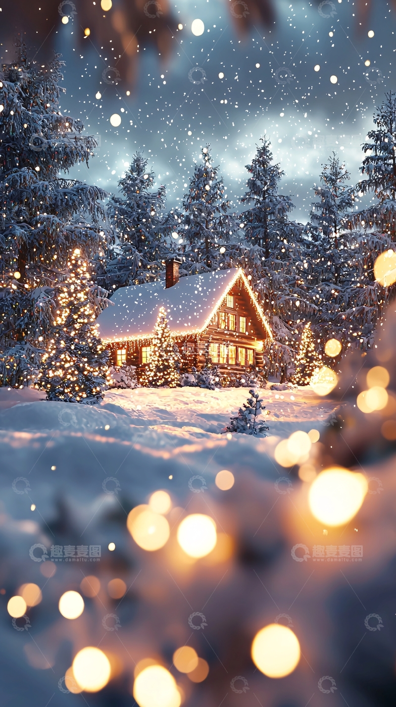高清大图下载【趣麦麦图】下雪的夜晚木屋