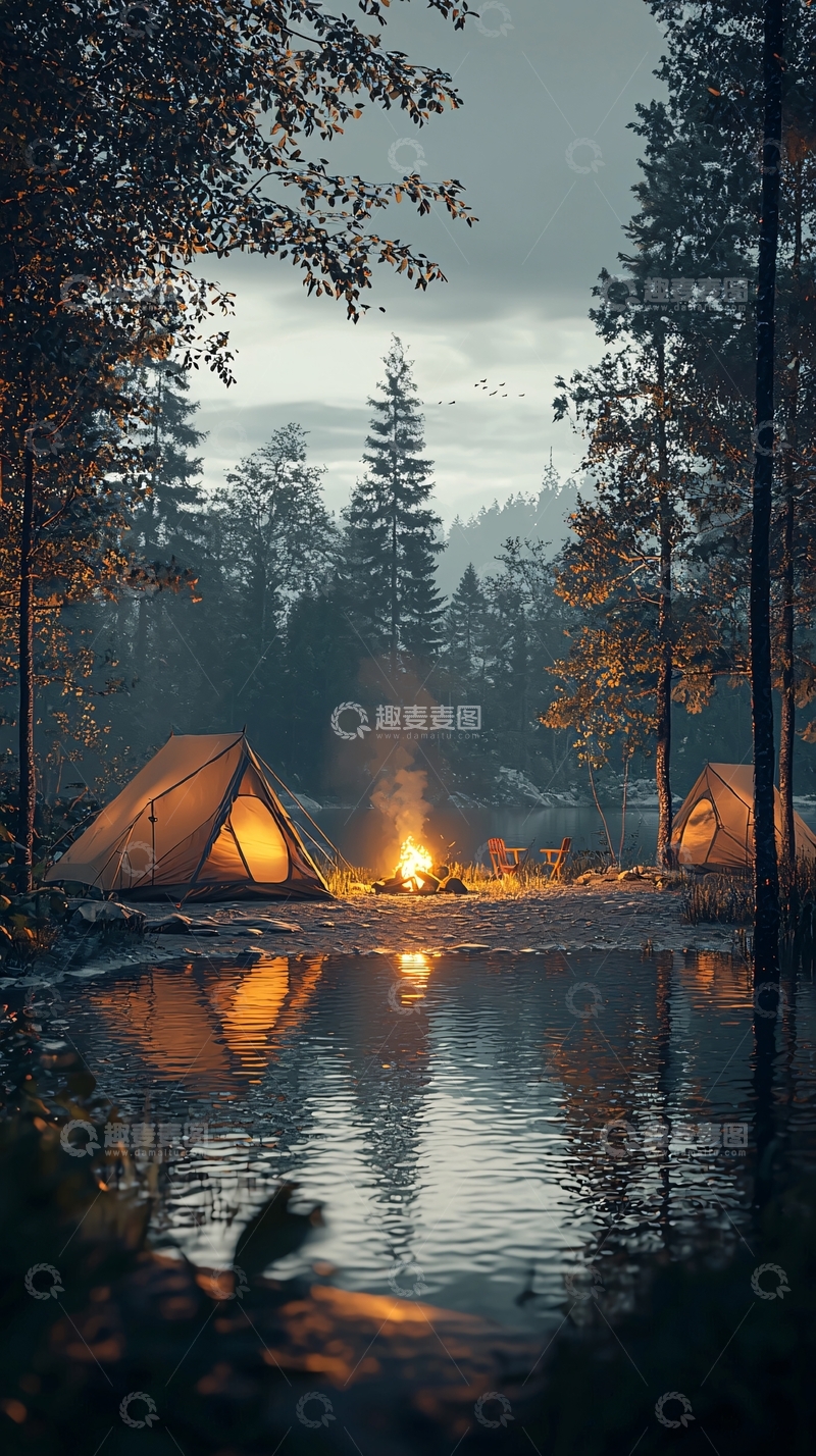 高清大图下载【趣麦麦图】森林湖边篝火营地