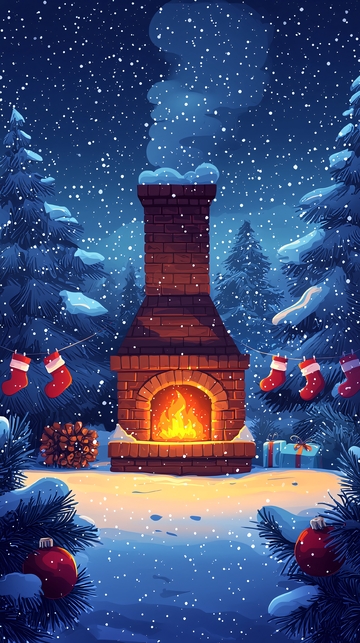 冬夜壁炉雪景图