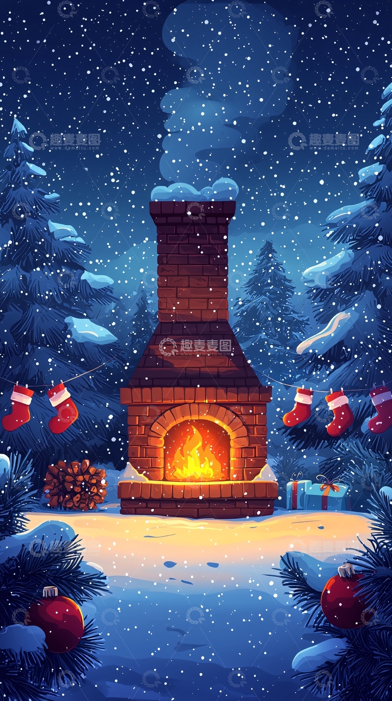 高清大图下载【趣麦麦图】冬夜壁炉雪景图