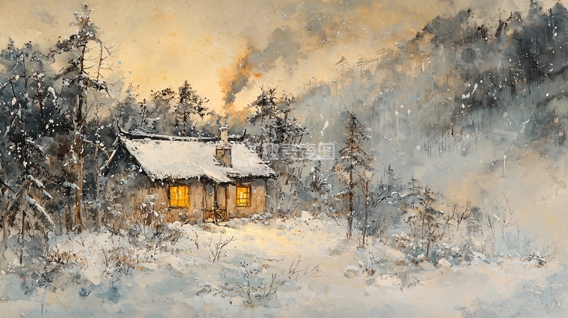 高清大图下载【趣麦麦图】冬季雪景小屋