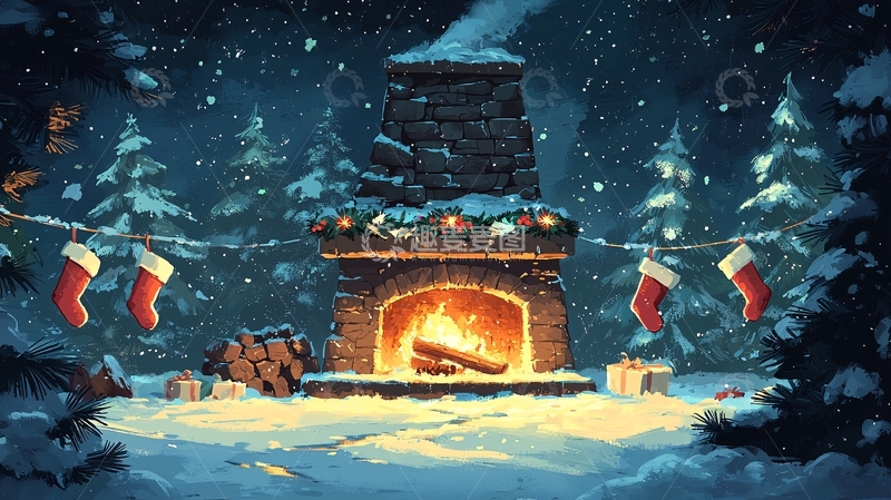 高清大图下载【趣麦麦图】冬夜壁炉圣诞场景