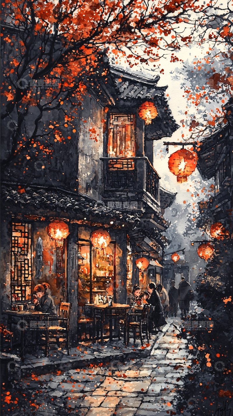 高清大图下载【趣麦麦图】水墨画古镇夜景