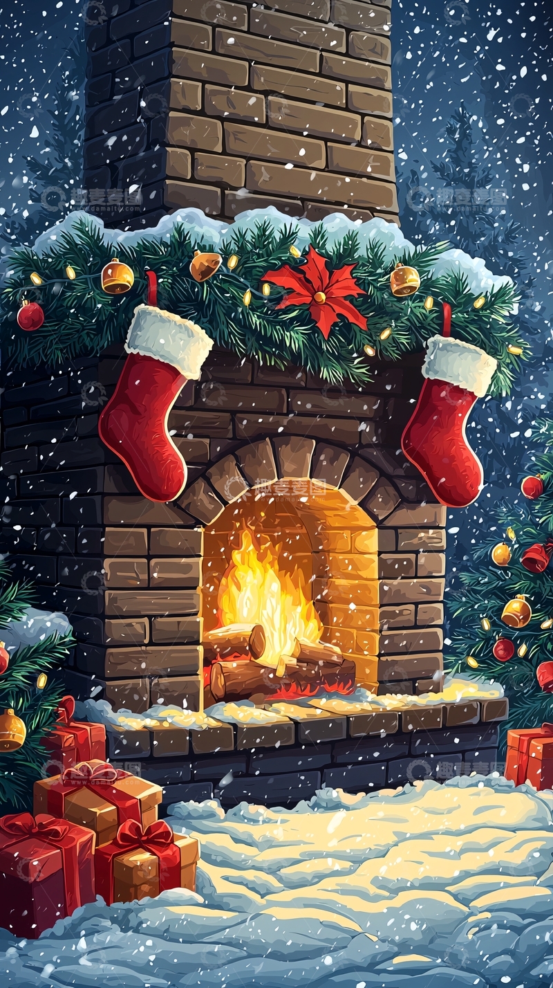 高清大图下载【趣麦麦图】圣诞节壁炉