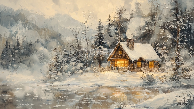 高清大图下载【趣麦麦图】雪夜森林小屋