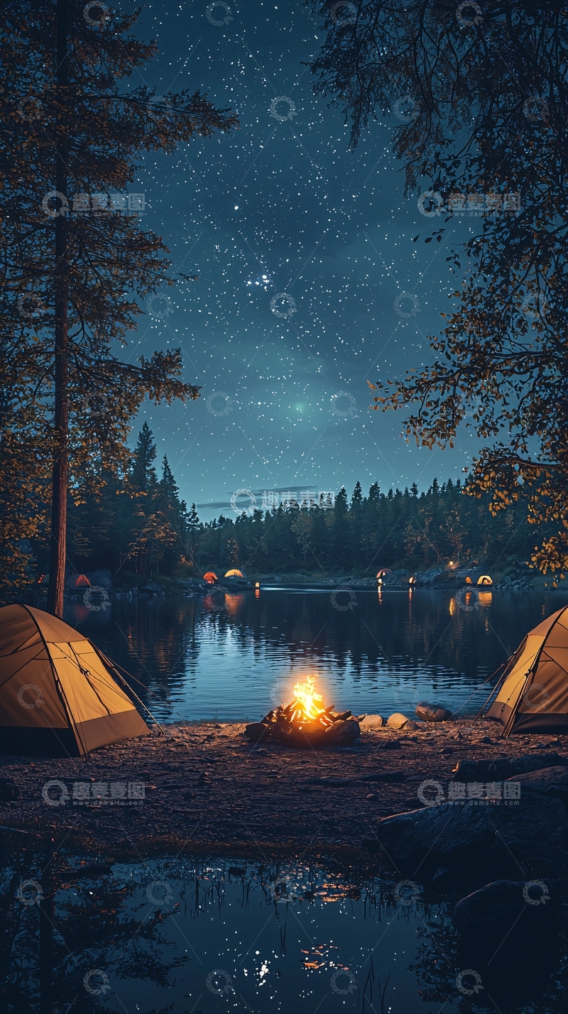 高清大图下载【趣麦麦图】星空下的湖边营地