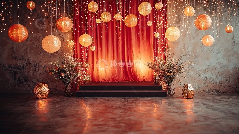 高清大图下载【趣麦麦图】红幕布背景灯笼装饰