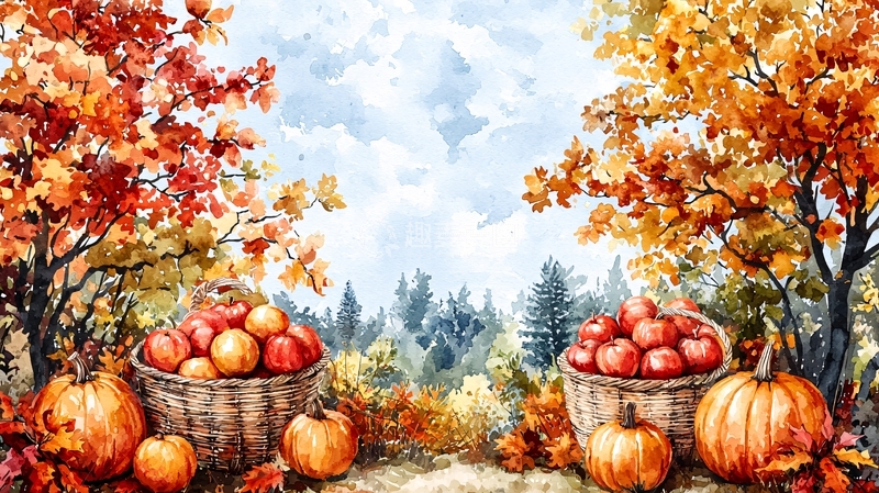 高清大图下载【趣麦麦图】秋日丰收水彩画