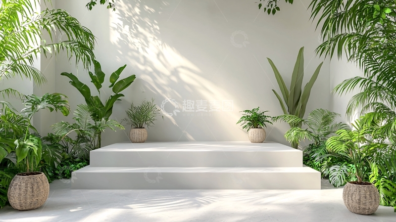 高清大图下载【趣麦麦图】白色台阶绿植背景