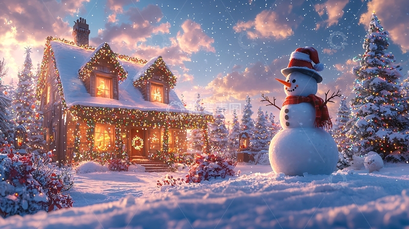高清大图下载【趣麦麦图】雪夜小屋圣诞节雪人