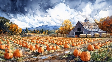 秋收南瓜地老式谷仓