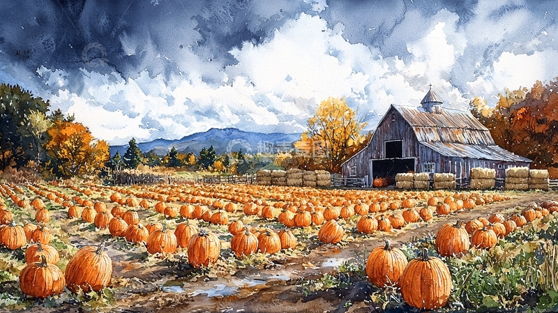 高清大图下载【趣麦麦图】秋收南瓜地老式谷仓