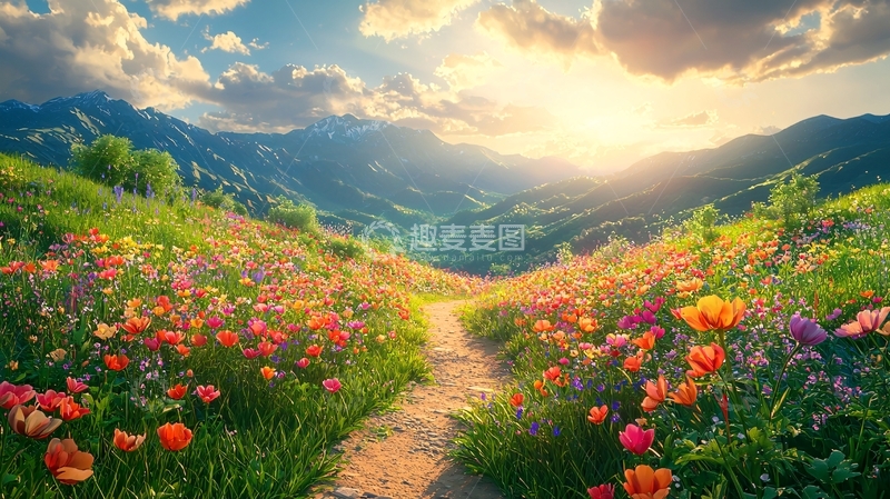 高清大图下载【趣麦麦图】阳光下的花海小径