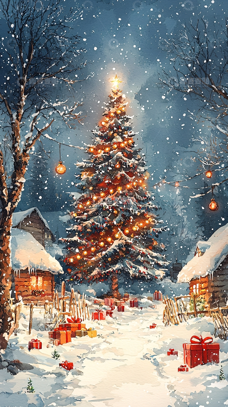 高清大图下载【趣麦麦图】雪夜圣诞树村庄