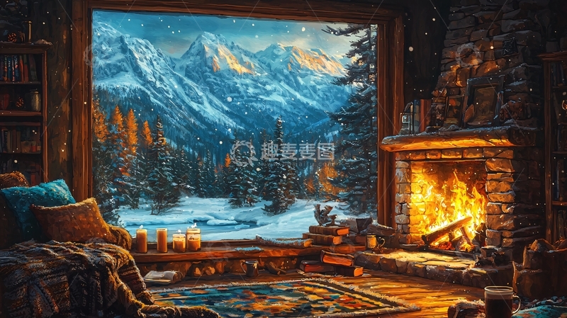 高清大图下载【趣麦麦图】温暖小屋雪山景色