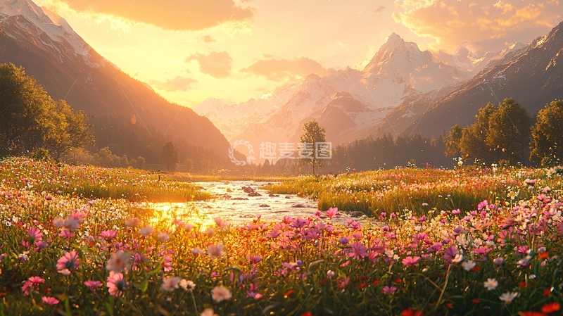 高清大图下载【趣麦麦图】金色阳光下的山谷花田