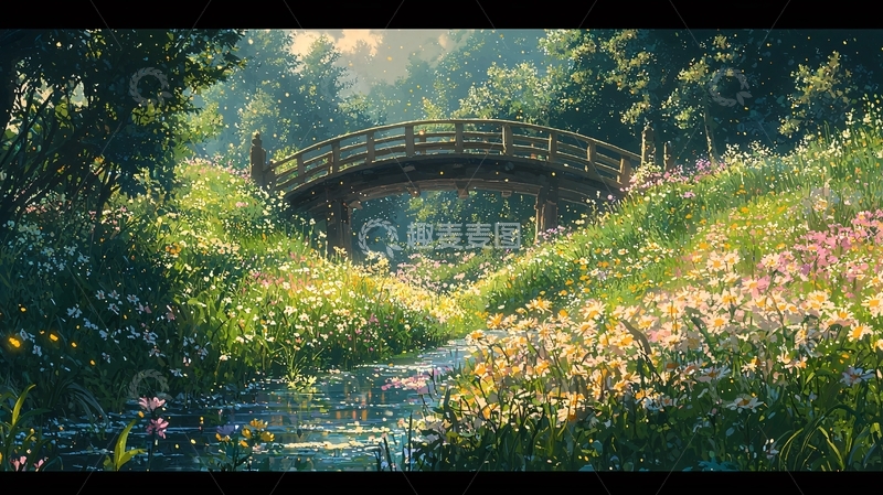 高清大图下载【趣麦麦图】阳光下的木桥花田
