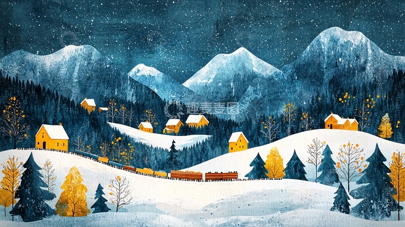 高清大图下载【趣麦麦图】冬夜雪山村庄火车水彩画