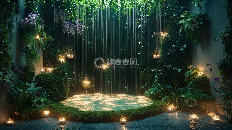 高清大图下载【趣麦麦图】雨林瀑布灯光氛围