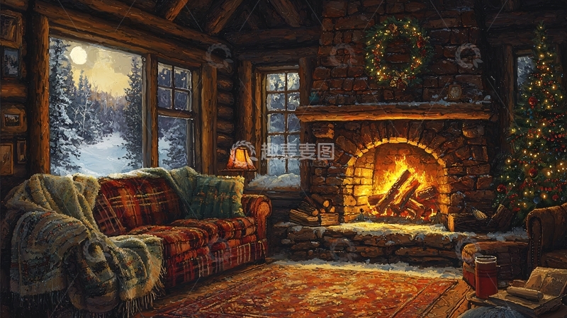 高清大图下载【趣麦麦图】冬日温暖木屋壁炉