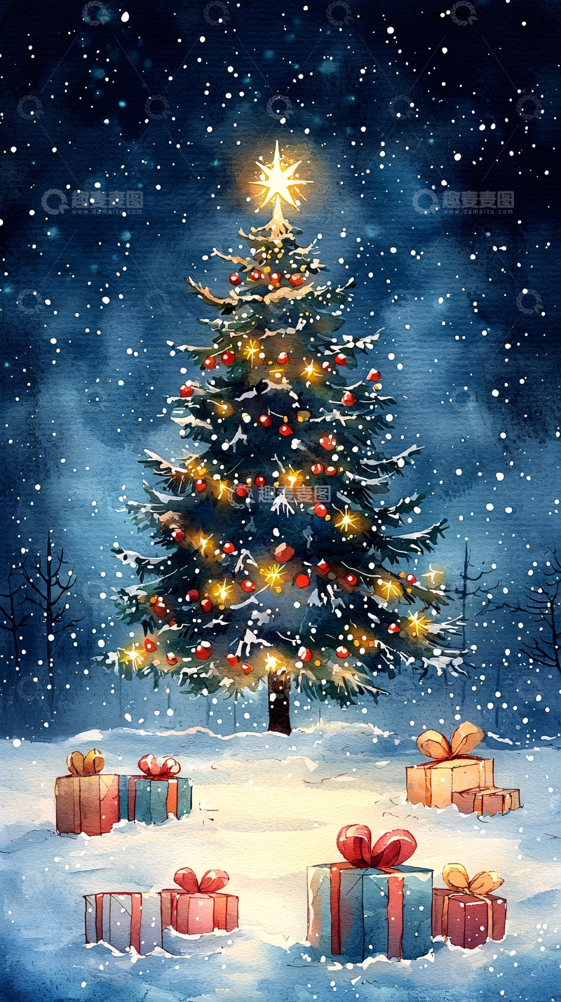 高清大图下载【趣麦麦图】圣诞夜雪景下的圣诞树