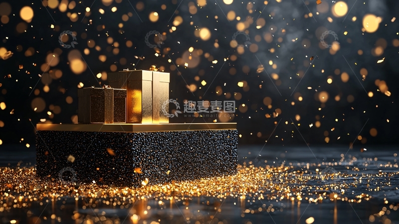 高清大图下载【趣麦麦图】金色礼盒与闪耀光点