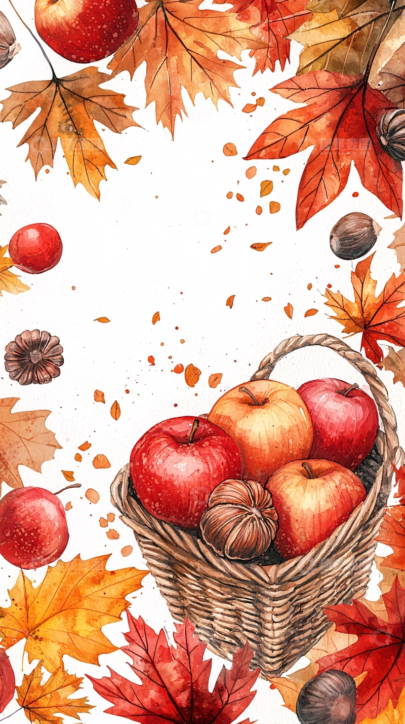 高清大图下载【趣麦麦图】秋日水果篮水彩画