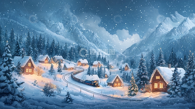 高清大图下载【趣麦麦图】雪夜山村